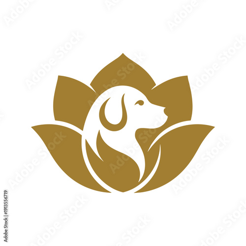 Golden dog head in a lotus flower on logo vector