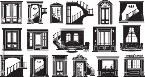 Various architectural elements of houses and buildings illustration set