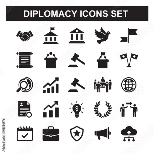 Diplomacy Icons Set, International Relations Vector Icons, Peace Treaty Icons Pack, Government Politics Clipart, Embassy Glyph Icons, Global Cooperation Icon Collection, Foreign Affairs Icons

