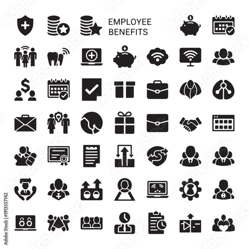 Employee Benefits Icons Set, HR Icons Pack, Office Perks Vector Icons, Staff Benefits Clipart, Employee Compensation Icons, Workplace Benefits Glyph Icons, Human Resources Icon Collection

