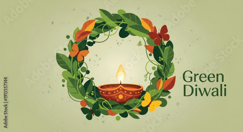 A beautifully lit traditional diya lamp nestled within a vibrant green leaf wreath adorned with colorful butterflies, symbolizing Green Diwali.