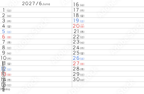 2027年シンプルカレンター　6月　曜日日本語