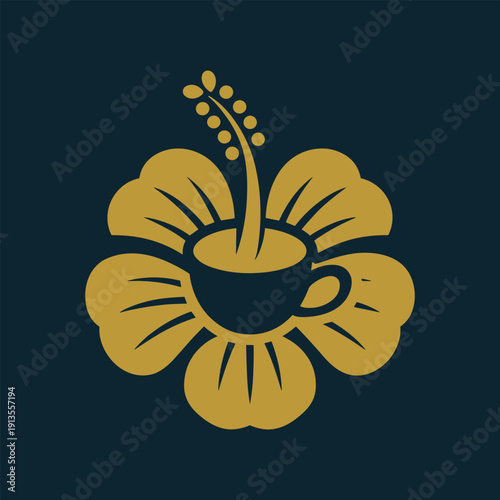 Yellow hibiscus flower with a coffee cup icon on dark background
