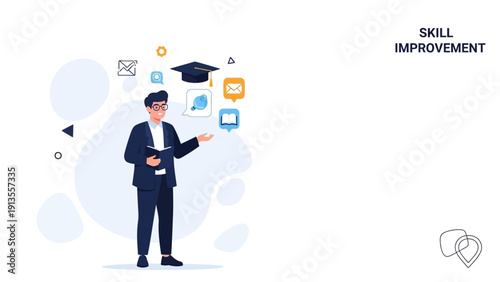 Man with Book and Graduation Cap, Skill Improvement, Education, Learning, Online Courses