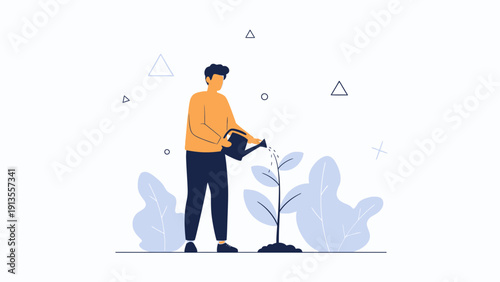 Man Watering Plant, Growth Concept, Business Investment, Startup Development