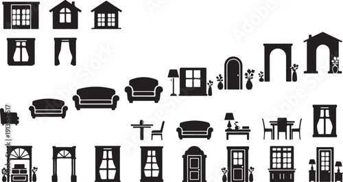 Black and white house furniture and window icons set