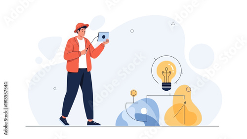 Man with tablet and glowing idea lightbulb with cycle arrows, concept illustration