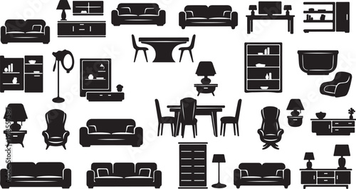 Collection of various furniture icons in black and white