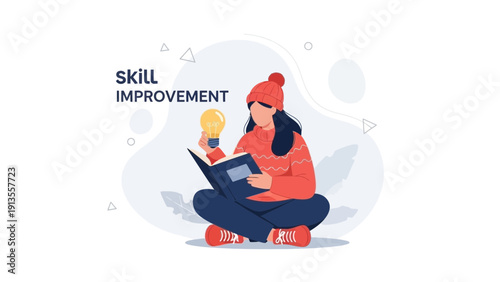 Person Reading Book with Light Bulb: Skill Improvement and Learning Concept