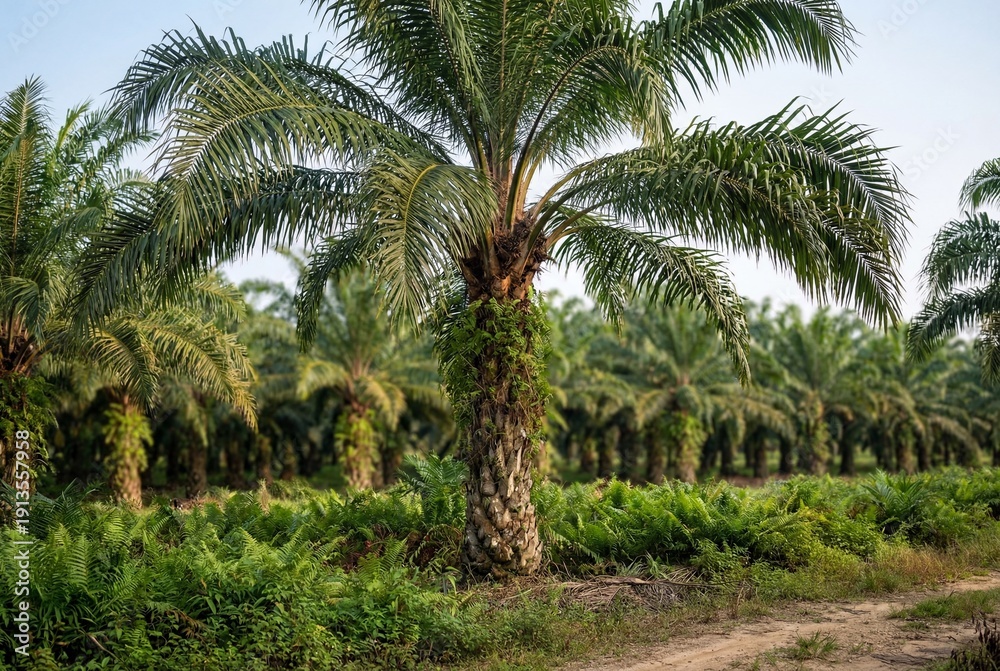 Fototapeta premium Mature oil palm tree in a tropical plantation with lush green foliage and clear sky