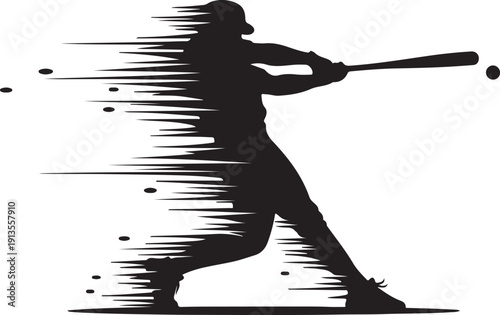 Dynamic vector silhouette of a baseball player swinging the bat fast with motion blur speed lines on white background.