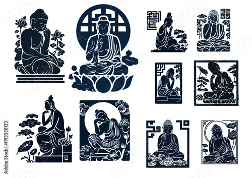 Set of traditional Asian navy blue sitting Buddha and Pensive Bodhisattva stamp illustrations (Zen meditation icon logo)
(전통 아시아 네이비 블루 좌상 부처 및 반가사유상 스탬프 일러스트 세트 - 젠 명상 아이콘 로고)