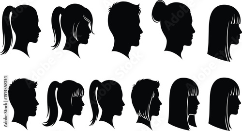 Collection of black silhouette profile of diverse male and female hairstyles and head shapes face