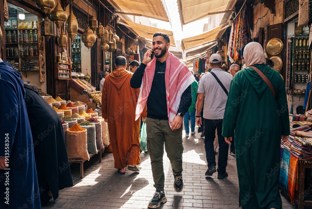 Obraz premium Young arab man on phone in middle east market street