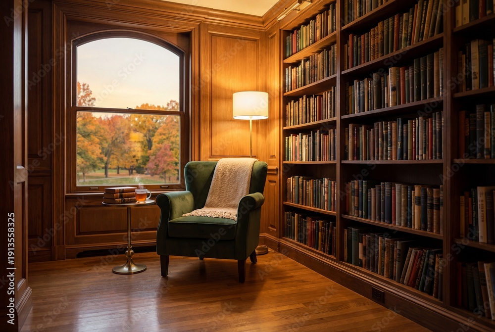Fototapeta premium Cozy library nook with armchair, large window showing autumn trees, and bookshelves