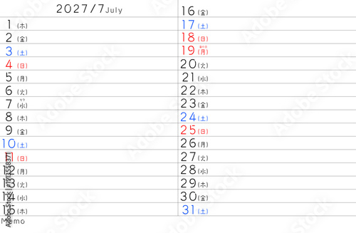 2027年シンプルカレンター　7月　曜日日本語