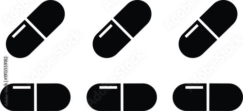 Medicine capsule pill icon set black solid style vector illustration isolated