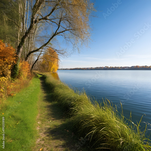impassable overgrown grass near the lake, autumn landscape