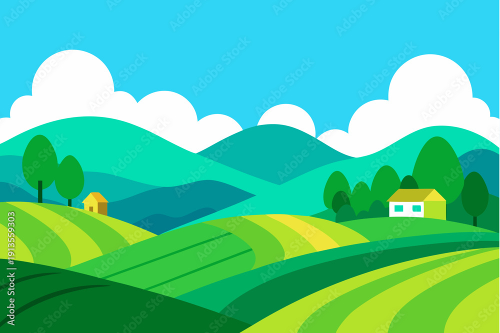 Fototapeta premium Serene countryside landscape with rolling hills and houses