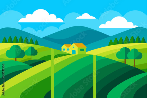 Serene countryside landscape with rolling hills and a cozy house