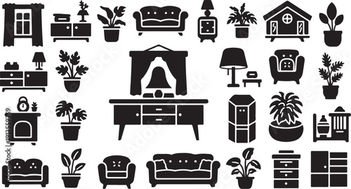 Various home furniture and decor icons in black silhouette