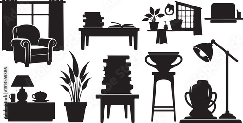 Silhouette of various furniture and household items arrangement