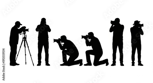 Photographer Silhouettes with Cameras and Tripods – Professional Media Coverage and Paparazzi Concept Vector Isolated on White