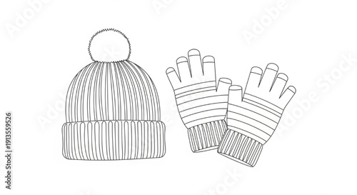 Beanie Hat and Mittens Line Art Vector – Winter Clothing Outline Set Isolated on White Background