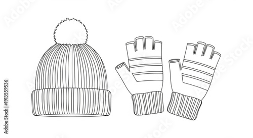 Winter Knit Hat and Mittens Outline Illustration – Cold Weather Apparel Vector Isolated on White