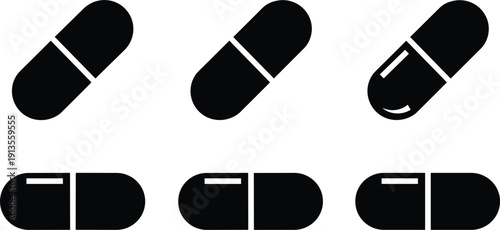 Pill capsule medicine icon set solid and outline style vector illustration isolated