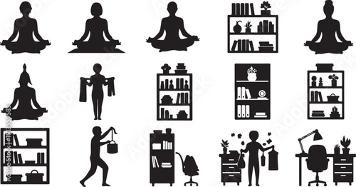 Silhouette icons of people working and meditating peacefully together