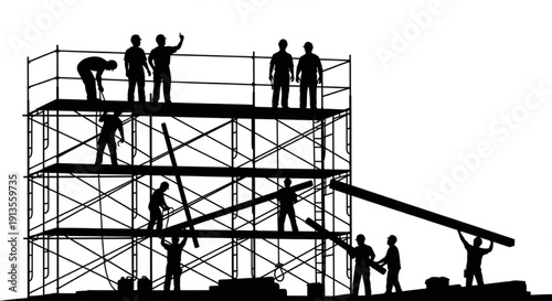 Silhouette of Construction Workers on Scaffolding – Safety Helmets, Teamwork, and Industrial Building Site Vector Illustration