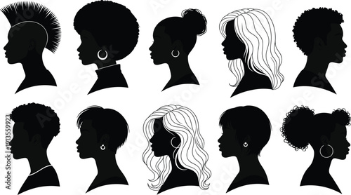 Diverse collection of black female silhouettes showcasing a variety of hairstyles and earrings against a clean white background