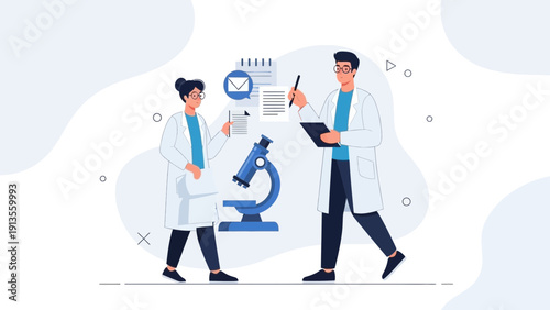 Scientists Studying Research Data with Microscope and Calendar