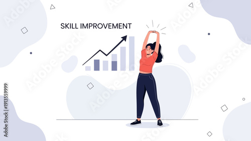 Skill Improvement and Growth Concept: Woman Stretching by Upward Trend Graph