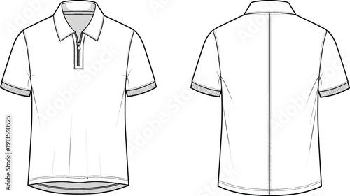 Flat technical of a short sleeve polo shirt with a zipper front and ribbed cuffs and hem t-shirt apparel