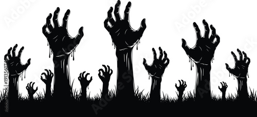 Halloween spooky zombie hands rising from the grass, scary undead monster claws reaching up for horror party and graveyard scene, cad drawing flat vector illustration