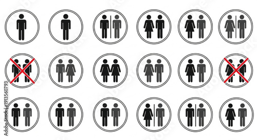 Public Restroom Toilet Icons Set – Male, Female, and Unisex Symbols, Isolated on White Background for Signage and Wayfinding