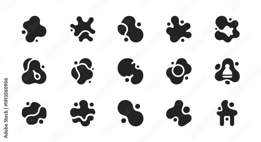 Fototapeta premium Abstract Black Liquid Blob Shapes Set, Ink Splatters, Graphic Design Elements