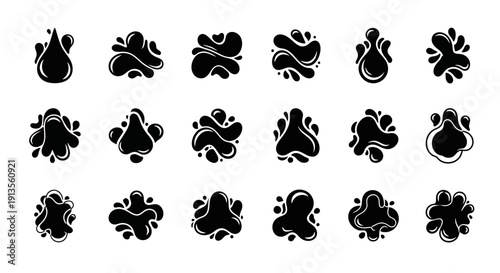 Abstract Black Liquid Shapes and Ink Splashes Set on White Background