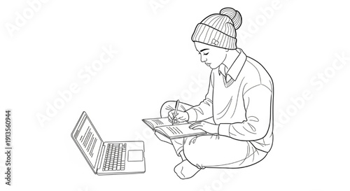 Student Studying Vector – Male Silhouette Sitting on Floor with Laptop, Taking Notes, E-Learning Illustration