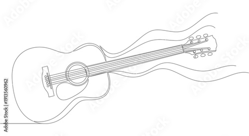 Acoustic Guitar Continuous Line Art Drawing Isolated on White Background