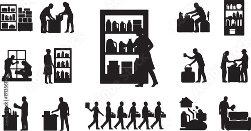 Silhouette icons of people working in a warehouse setting
