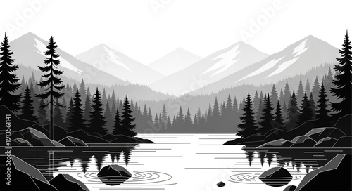 Serene black and white landscape with mountains and a lake.