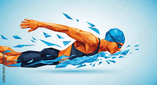 Swimming Competition Vector – Freestyle Swimmer, Blue Cap, Water Splash, Abstract Low Poly Athlete Artwork
