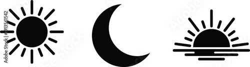 Sun moon and sunrise icon set featuring astronomical celestial symbols, crescent moon, shining sun, and sea horizon morning dawn, cad drawing flat vector illustration