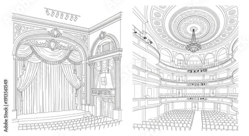 Opera House Architectural Illustration – Grand Theater Interior, Balcony Seats, Stage, and Dome Ceiling Vector Drawing