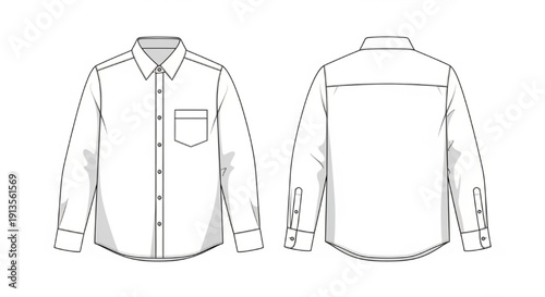 Button-Down Shirt Technical Illustration – Men’s Long Sleeve Fashion Flat Sketch, Front and Back, Collar, Pocket, Cuffs