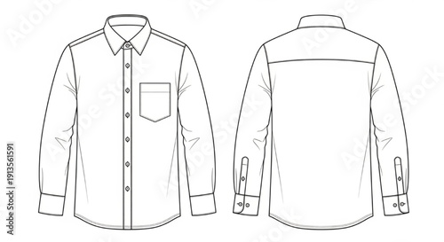 Men’s Long Sleeve Button-Down Shirt – Fashion Flat Sketch Showing Front and Back Views, Collar, Pocket, Cuffs, and Stitching Details