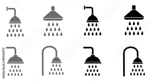 Set of shower head icons with water droplets in various styles, featuring flat black and grey vector designs